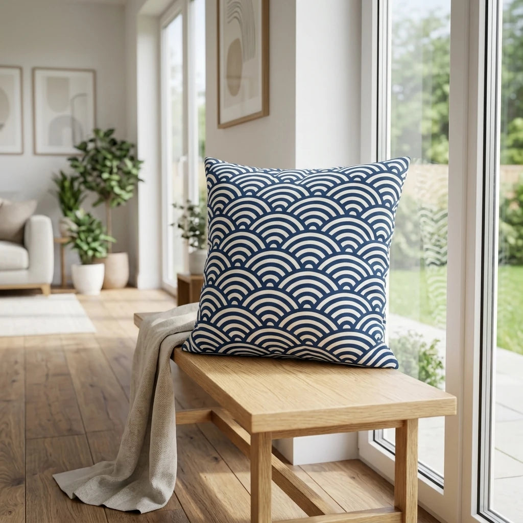 Blue and white wave pattern pillow on a wooden bench in a bright, modern living room with large windows and lush indoor plants.