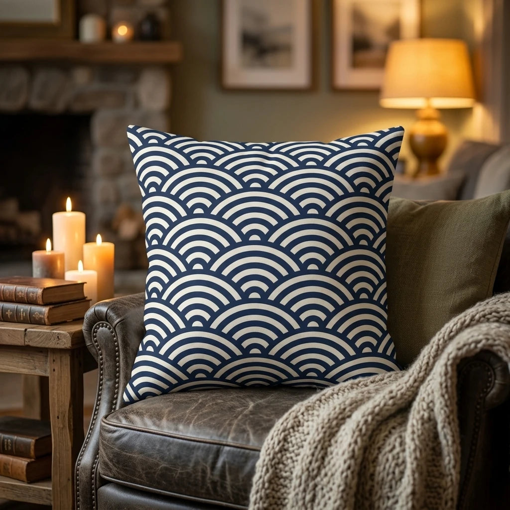 Seigaiha wave pattern pillow in navy blue and cream, styled on a leather armchair in a cozy living room with warm candle lighting.