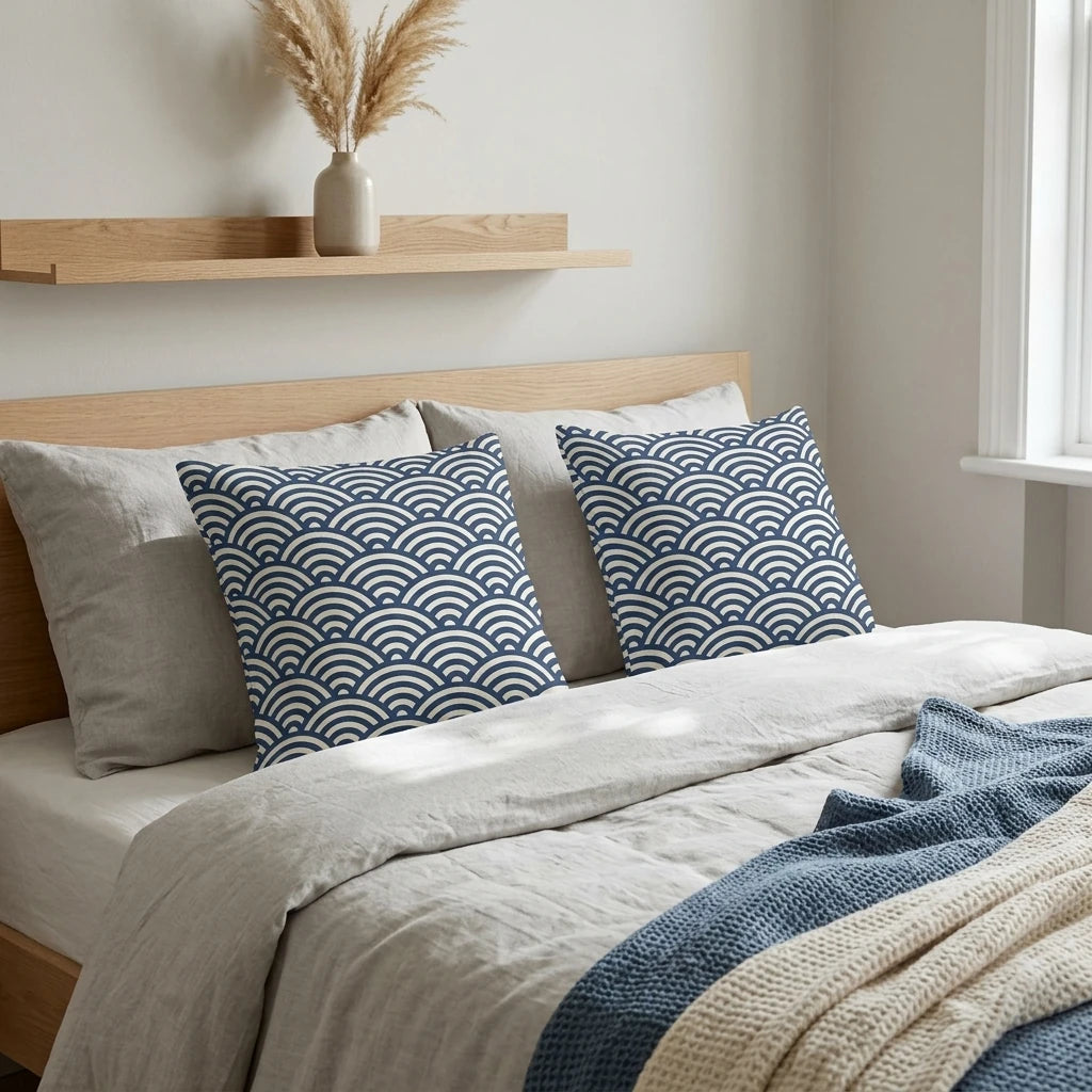 Two navy blue and white wave pattern pillows on a grey bed in a minimalist bedroom with a wooden headboard and shelf holding dried pampas grass.