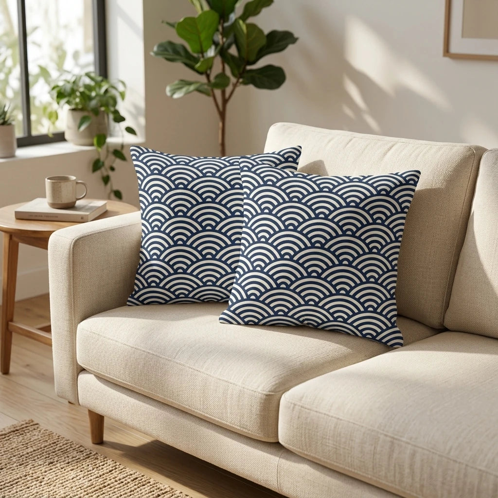 Two navy blue and white cushions with a Japanese wave pattern on a beige fabric sofa in a bright, modern living room setting.