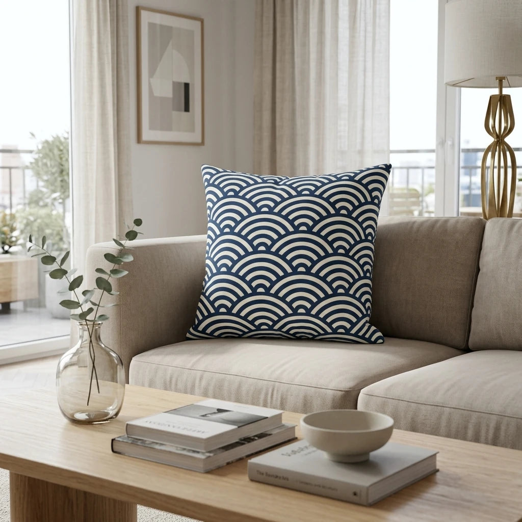 Navy blue and cream Japanese wave cushion on a neutral sofa in a bright modern living room setting with a wooden coffee table.