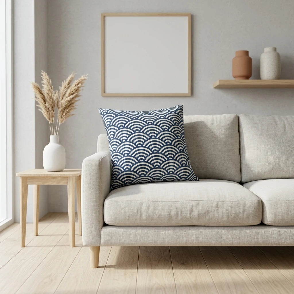 Blue and white wave pattern cushion on a modern beige sofa in a minimalist interior living room with a wooden side table and pampas grass.