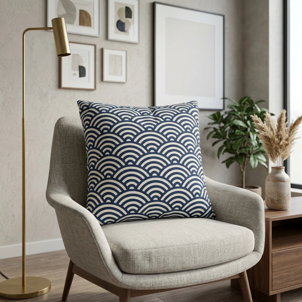 Navy blue and white Japanese wave pattern throw pillow on a grey armchair in a stylish modern living room with a brass floor lamp and decor.