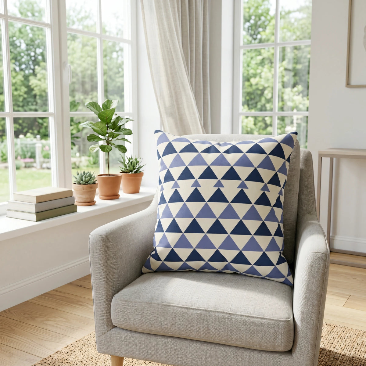 Modern Geometric Square Cushion Bleu Blanc, lifestyle view.