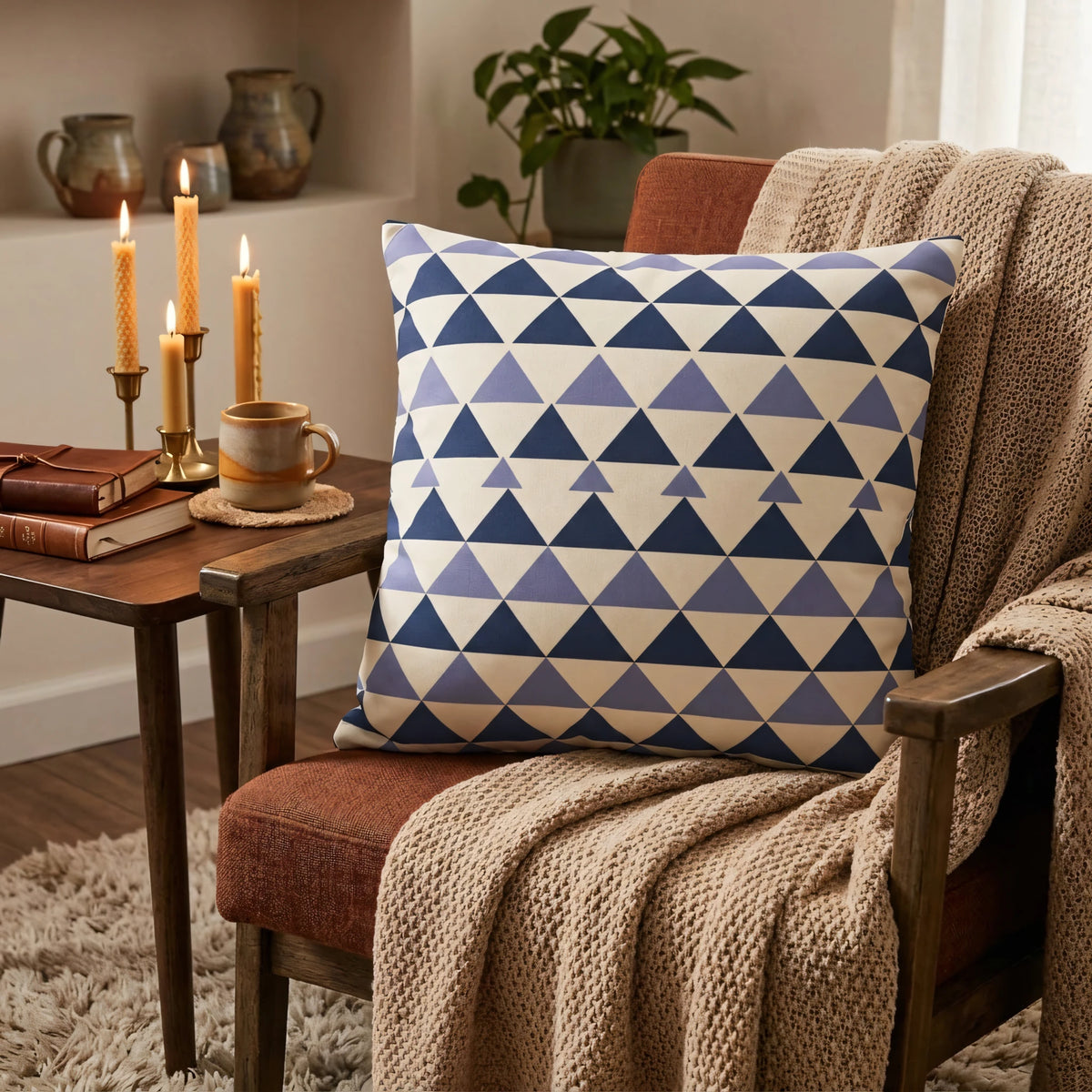 Modern Geometric Square Cushion Bleu Blanc, lifestyle view.