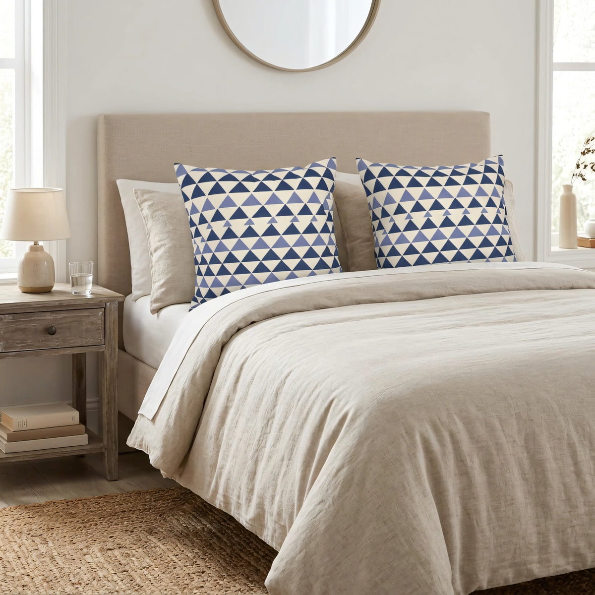 Modern Geometric Square Cushion Bleu Blanc, lifestyle view.