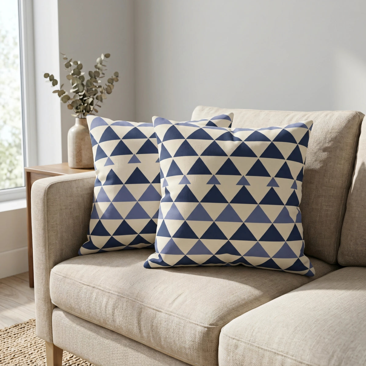 Modern Geometric Square Cushion Bleu Blanc, lifestyle view.