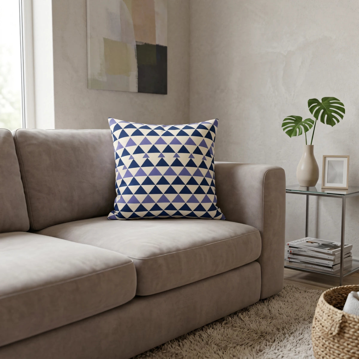 Modern Geometric Square Cushion Bleu Blanc, lifestyle view.