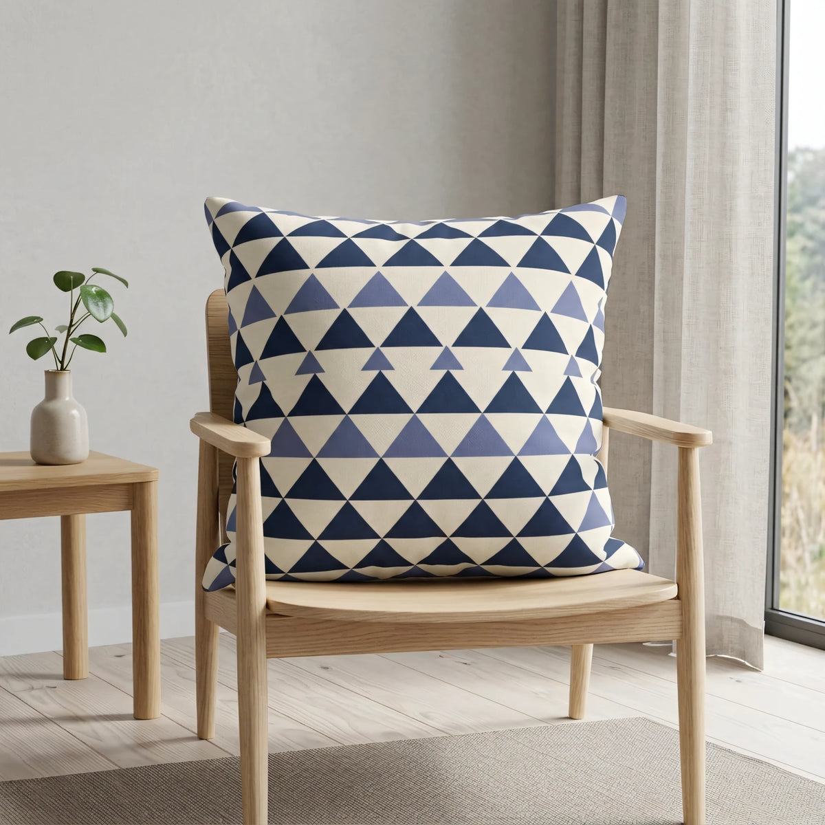 Modern Geometric Square Cushion Bleu Blanc, lifestyle view.
