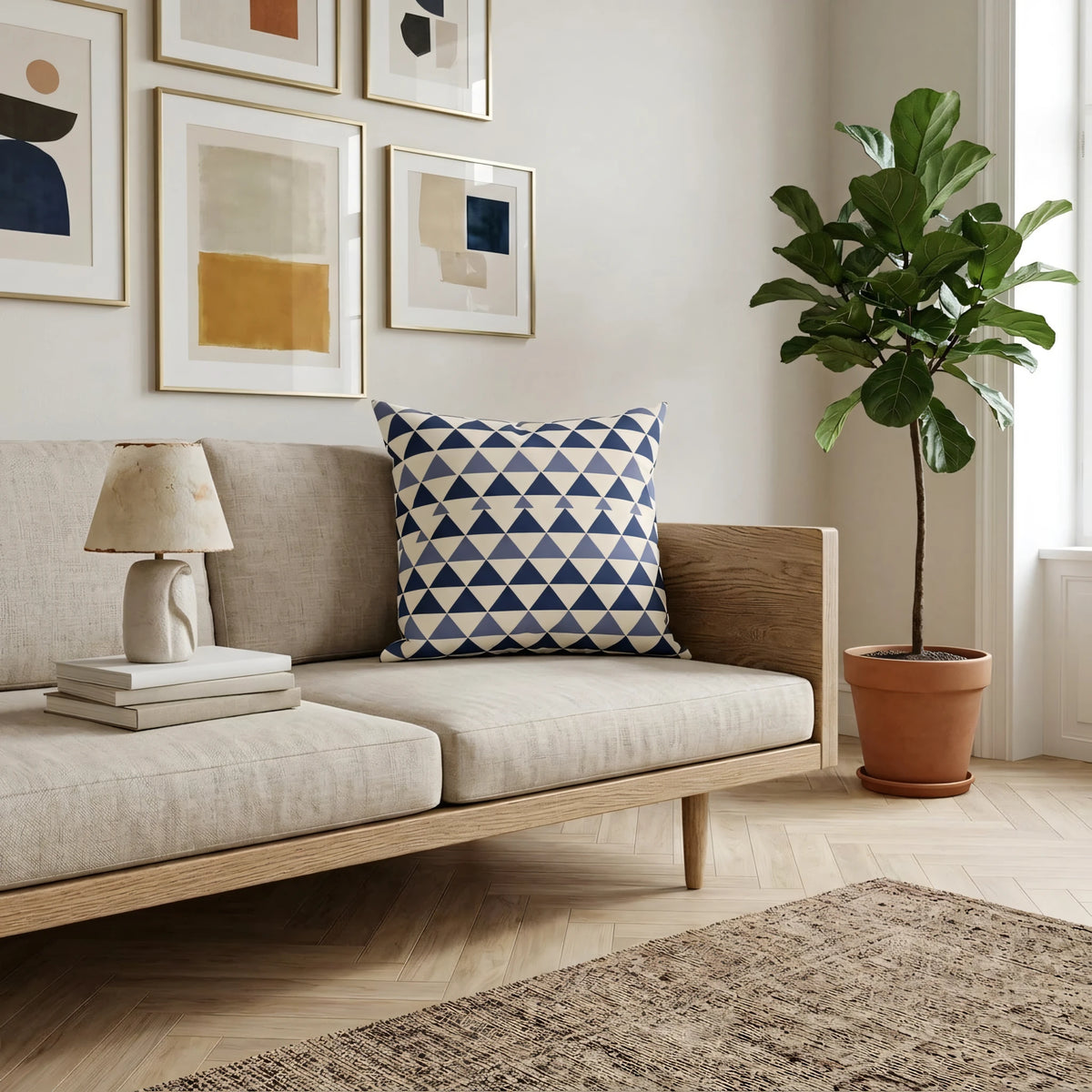 Modern Geometric Square Cushion Bleu Blanc, lifestyle view.