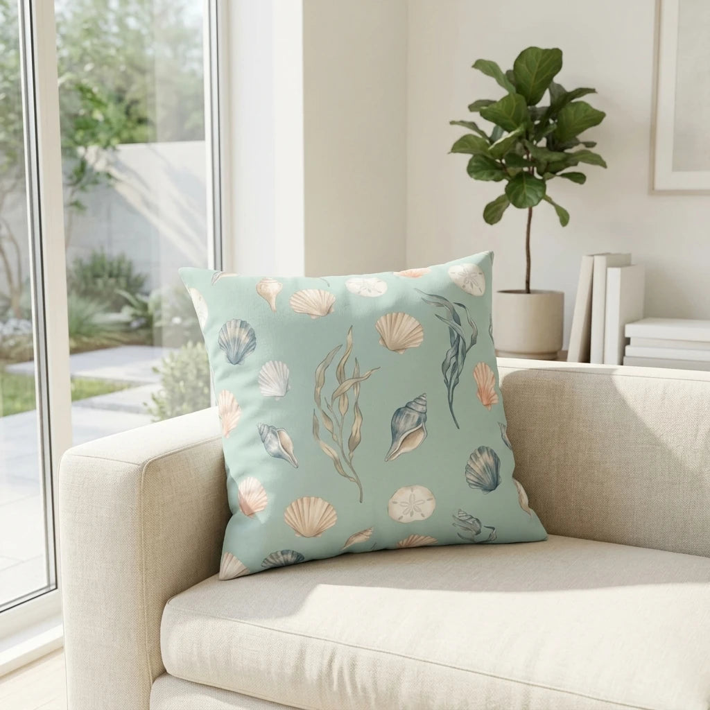 Seafoam green decorative throw pillow with a coastal seashell pattern on a cream sofa in a bright, sunlit living room near a window.