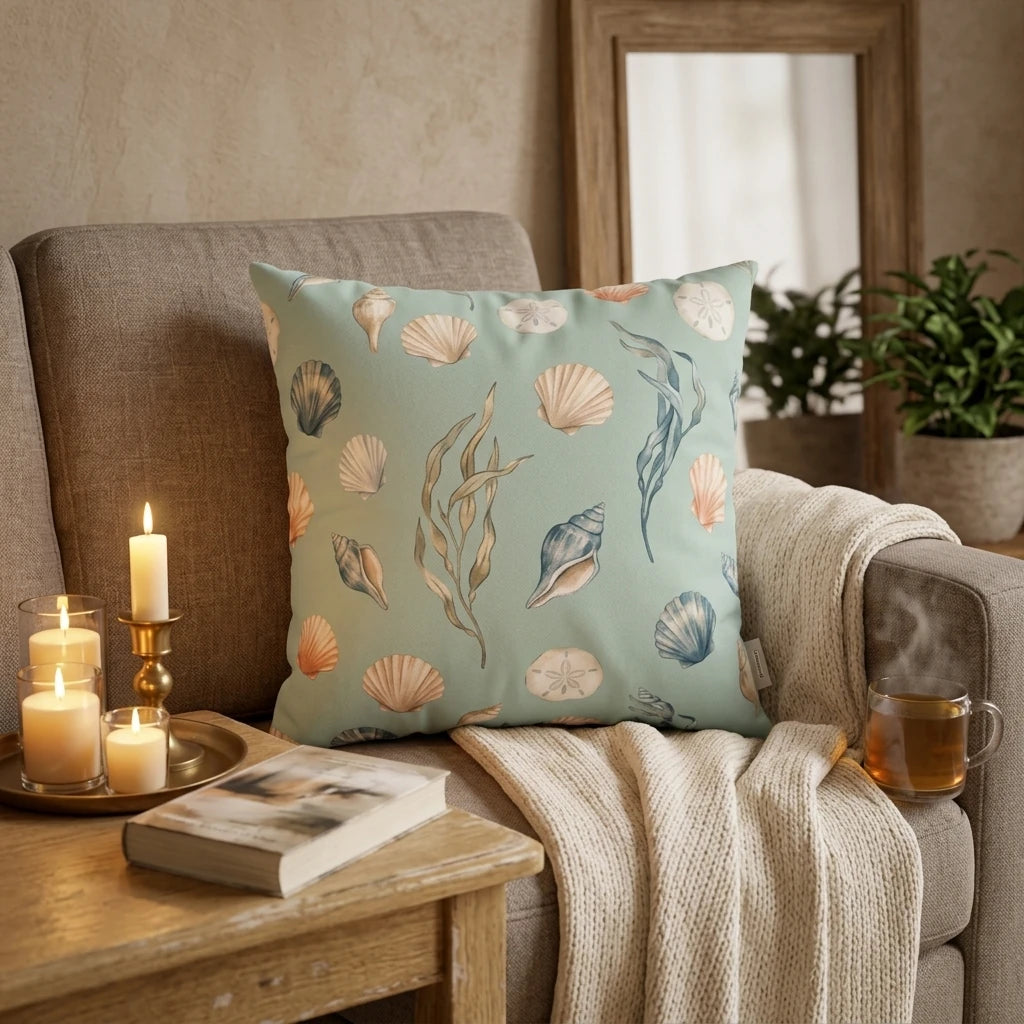 Mint green throw pillow with sea shell patterns on a couch with lit candles, a book, and a tea mug in a cozy, warm-toned living room.