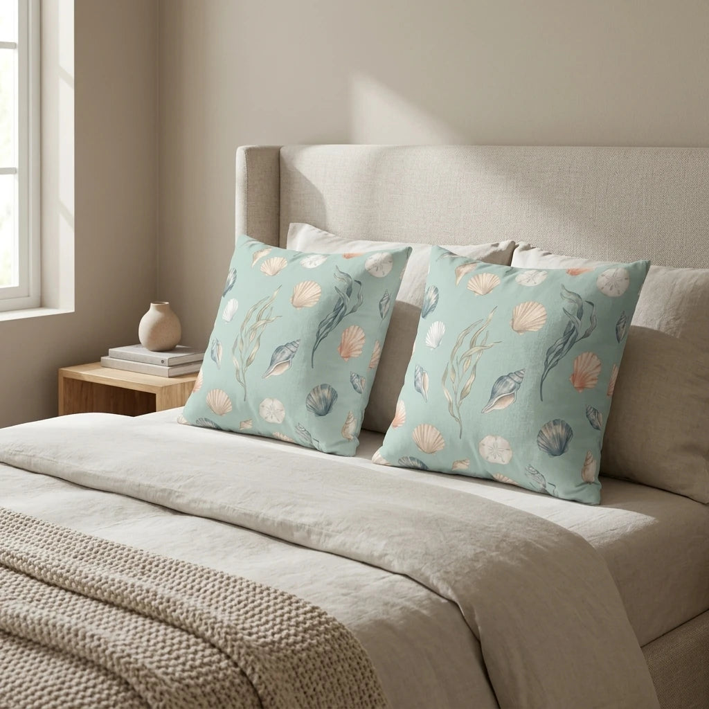 Two mint green decorative cushions with a watercolor seashell pattern on a neutral linen bed in a bright, modern coastal bedroom setting.