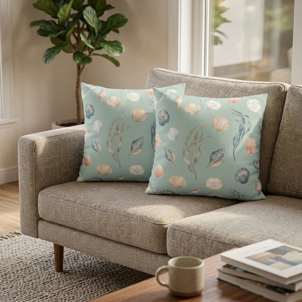 Duo of decorative aqua cushions with a seashell pattern on a neutral sofa in a bright living room lifestyle setting.