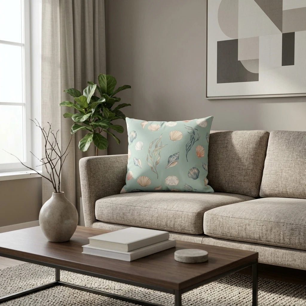 Seashell pattern throw pillow on a beige sofa in a modern living room setting with a wooden coffee table and indoor houseplant.