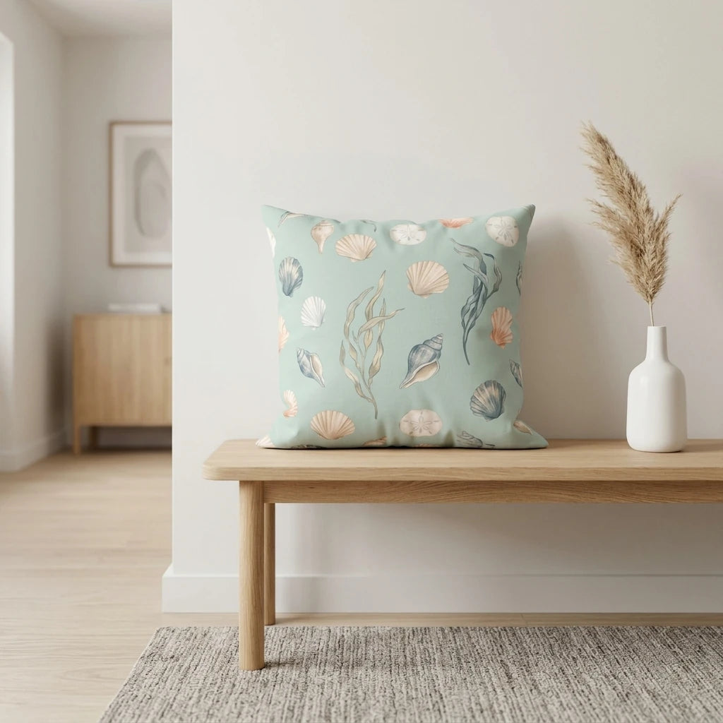 Mint green seashell pillow on a wooden bench in a minimalist room. Coastal patterned cushion with watercolor sea shells and dried pampas grass.