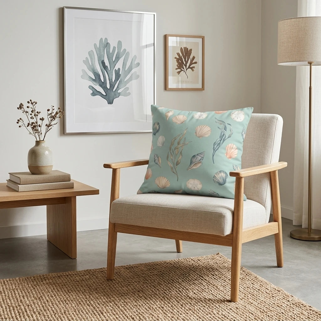 Light blue coastal cushion featuring a seashell pattern on a wooden armchair in a modern, neutral-toned living room with coral wall art.