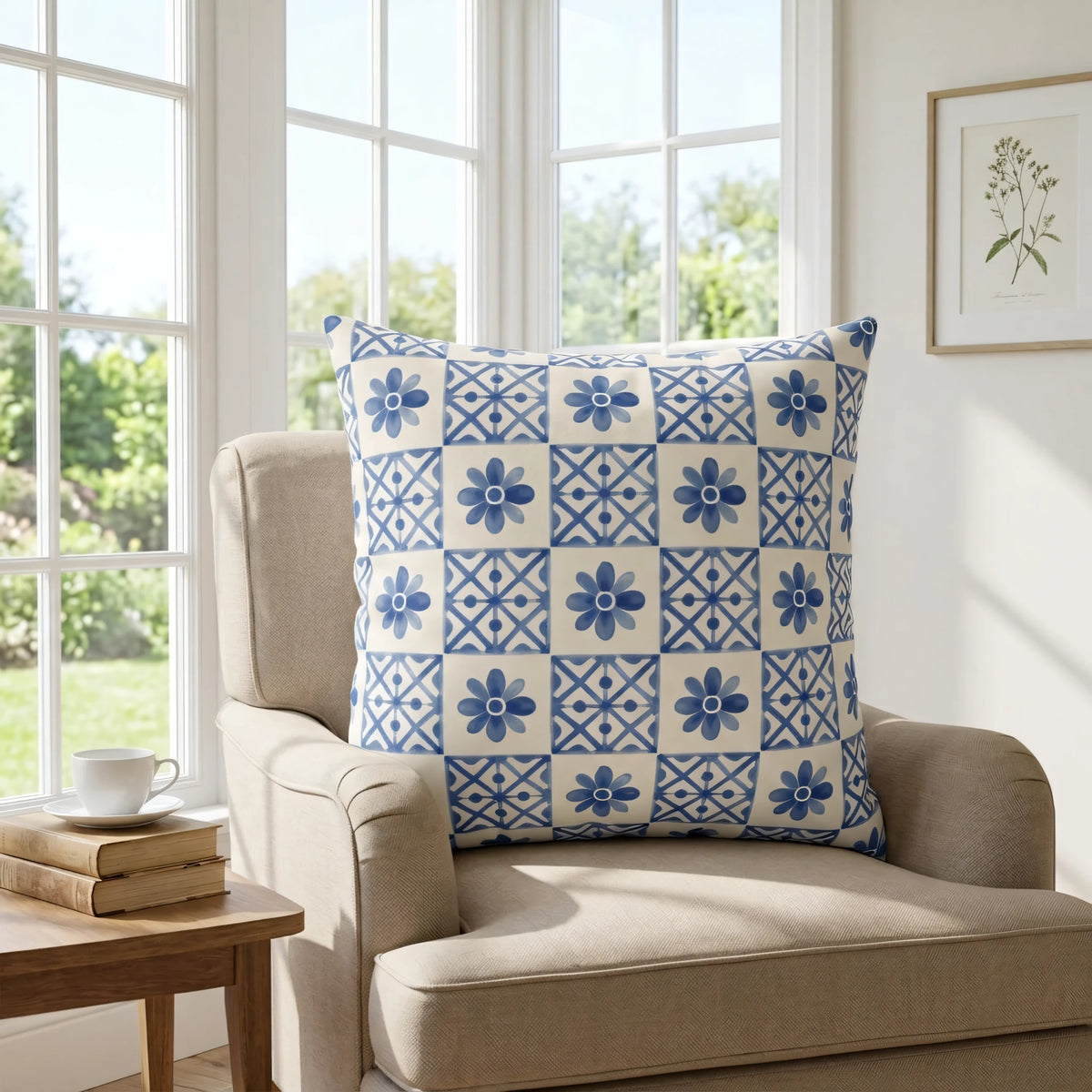 Cobalt Blue Tile Pillow Cover, lifestyle view.