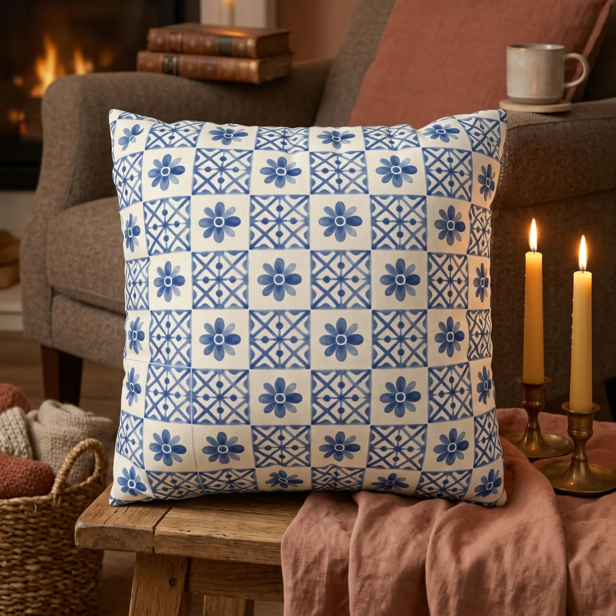 Cobalt Blue Tile Pillow Cover, lifestyle view.