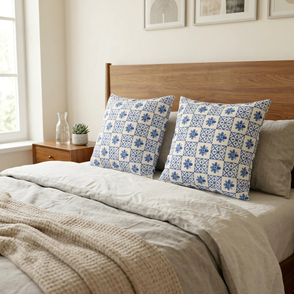 Cobalt Blue Tile Pillow Cover, lifestyle view.