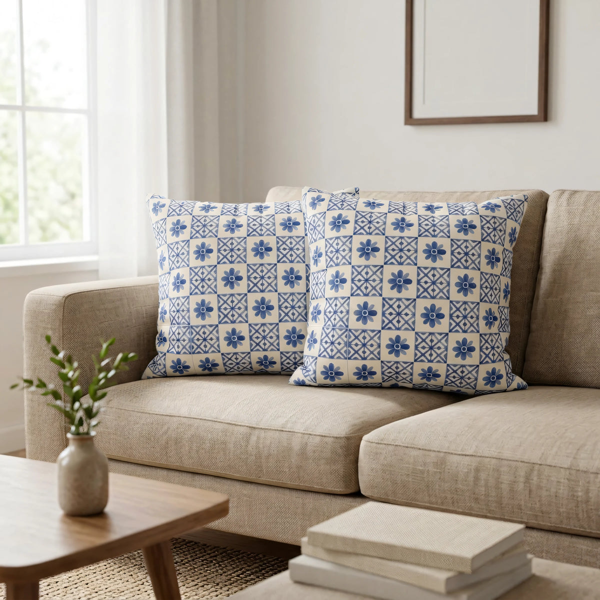 Cobalt Blue Tile Pillow Cover, lifestyle view.