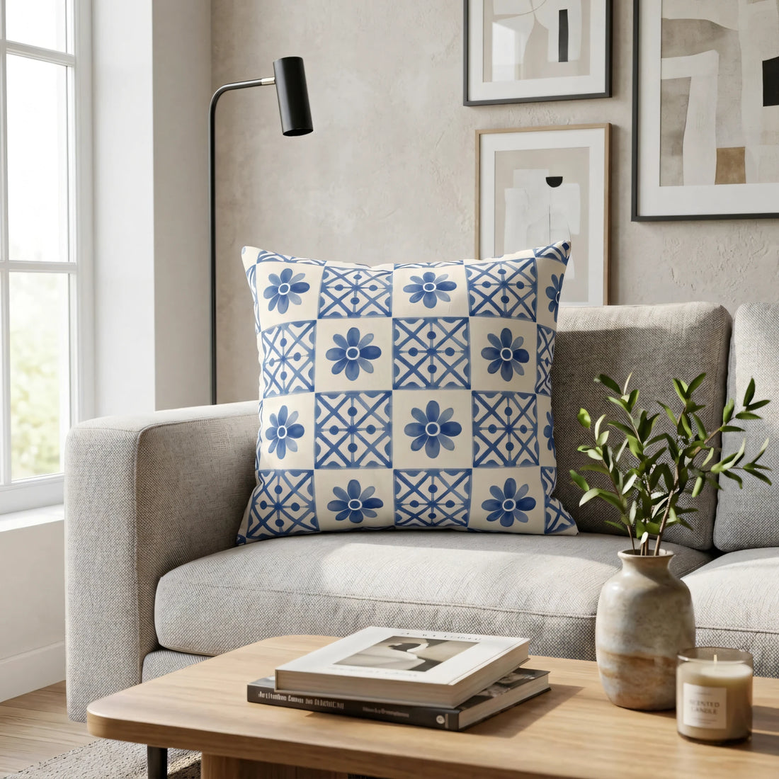Front view of Cobalt Blue Tile Pillow Cover on a white background.