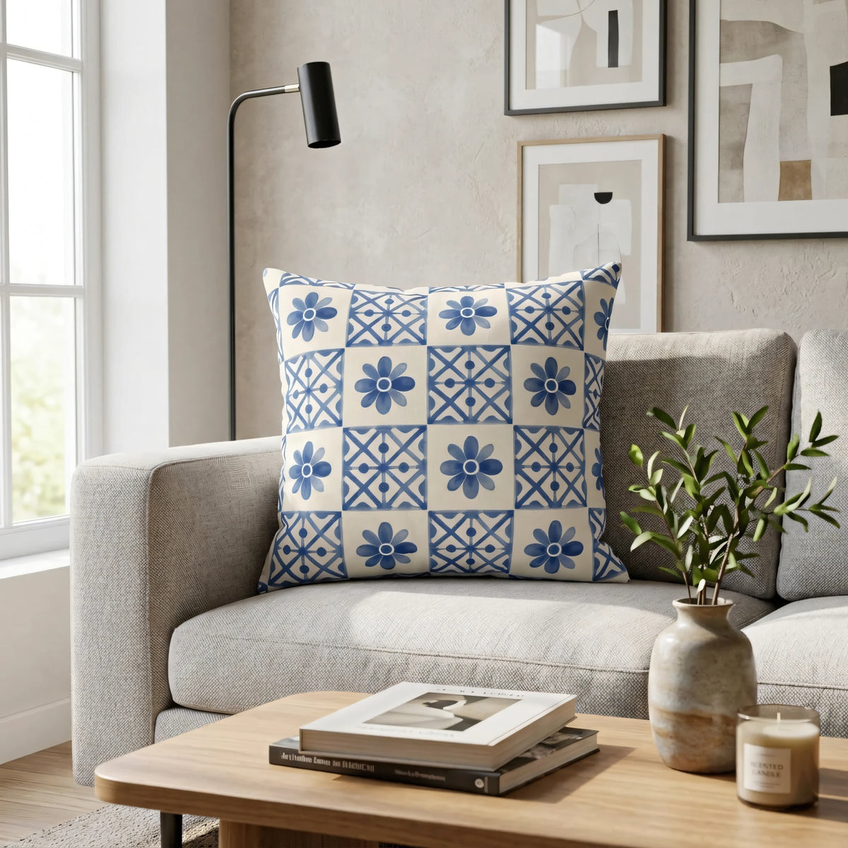 Cobalt Blue Tile Pillow Cover, lifestyle view.
