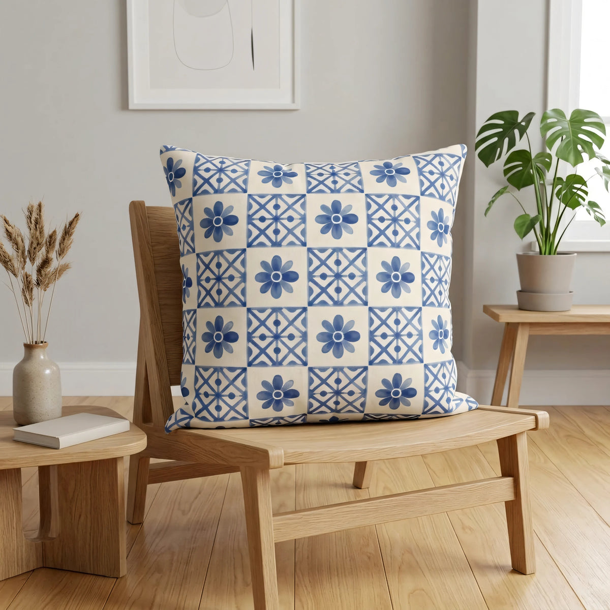 Cobalt Blue Tile Pillow Cover, lifestyle view.