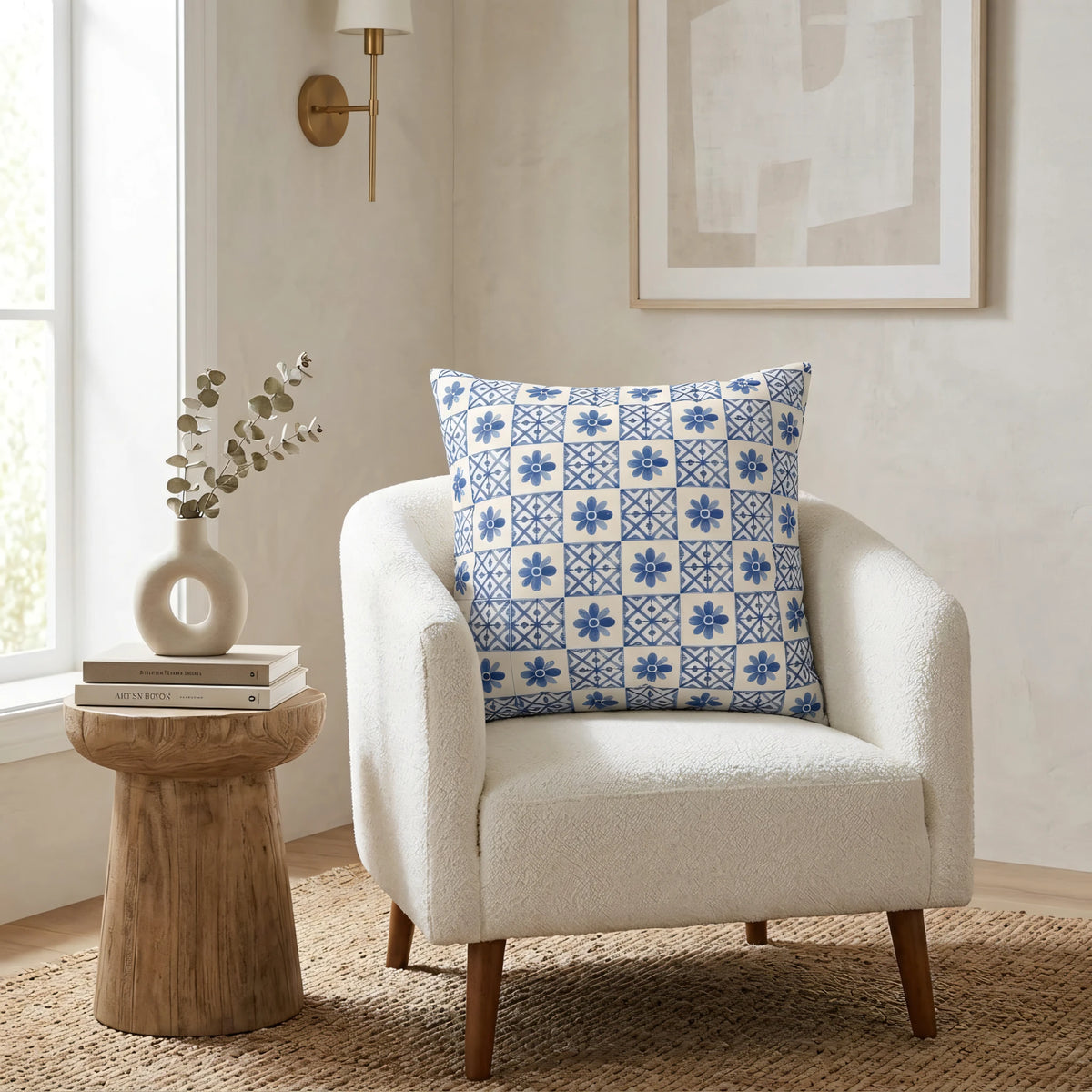 Cobalt Blue Tile Pillow Cover, lifestyle view.