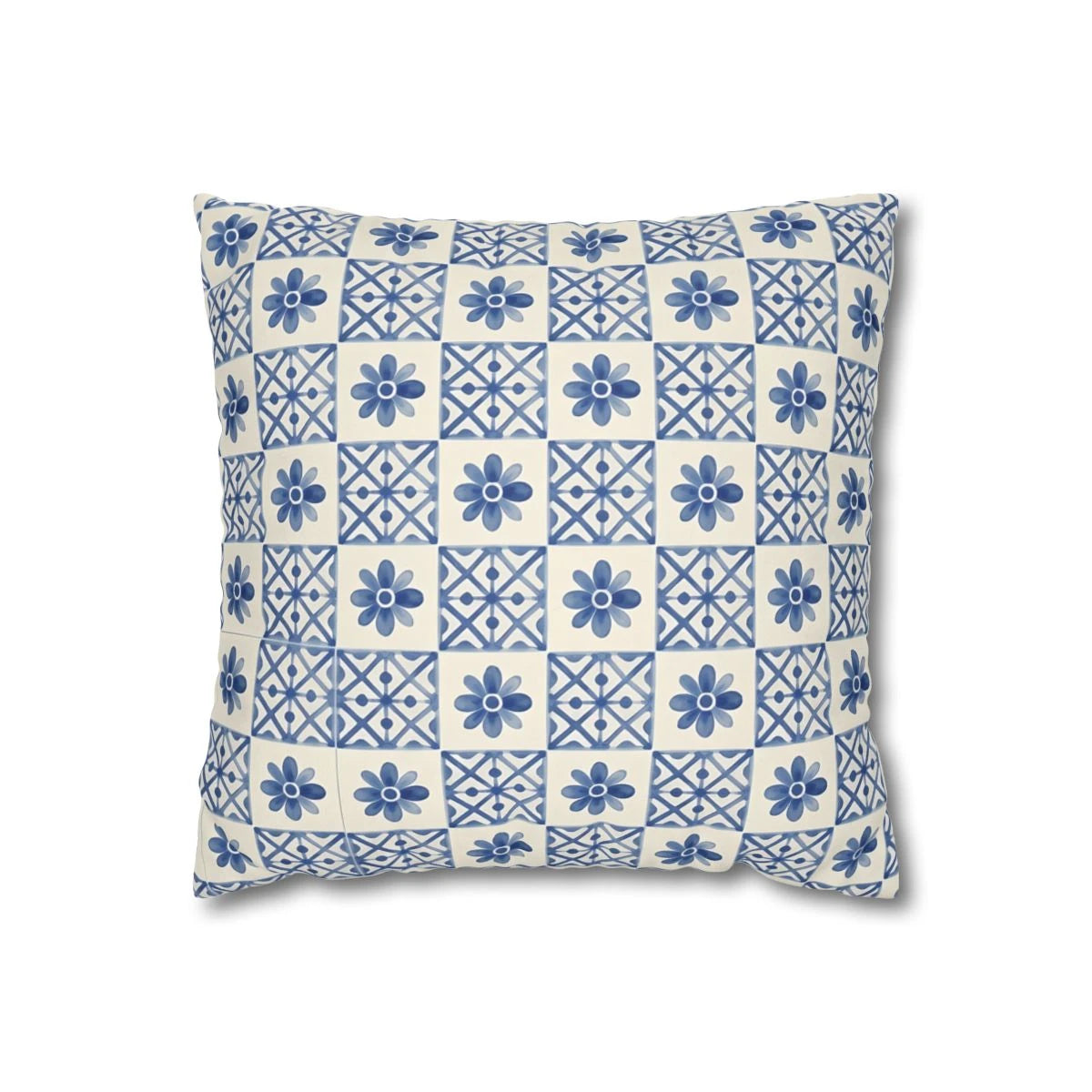 Front view of Cobalt Blue Tile Pillow Cover on a white background.
