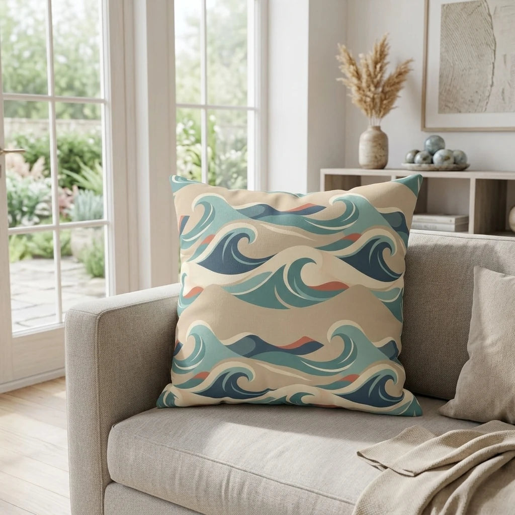Square throw pillow with a stylized teal and blue wave pattern on a beige sofa in a bright, sunlit living room with minimalist decor.