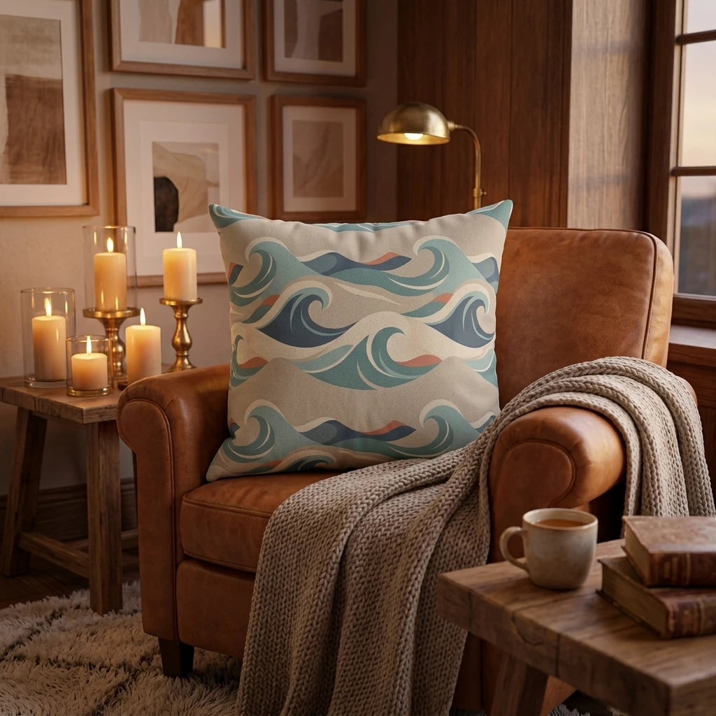 Decorative throw pillow with a teal and blue wave pattern on a leather armchair in a cozy room with candles and a knitted blanket.