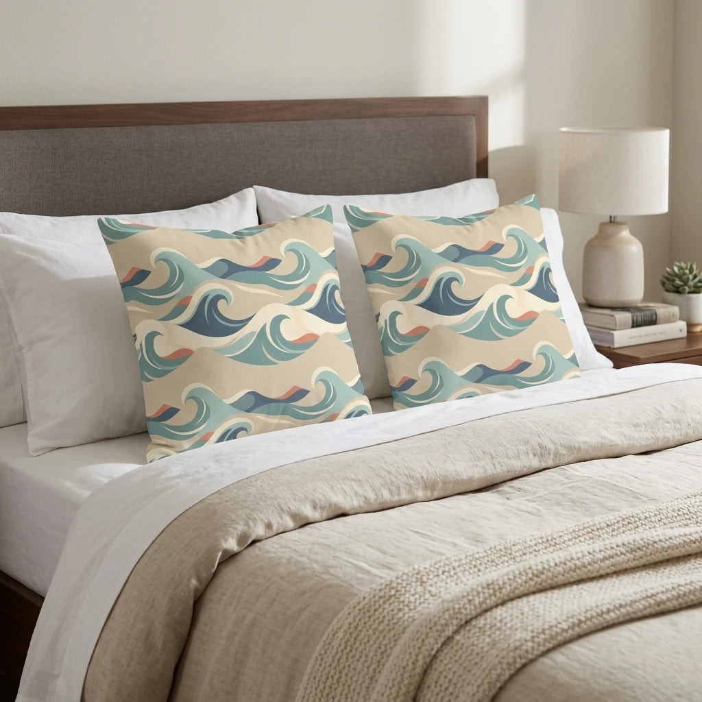 Duo of throw pillows with a teal and navy wave pattern on a bed with neutral linens and a wooden headboard for a coastal bedroom aesthetic.