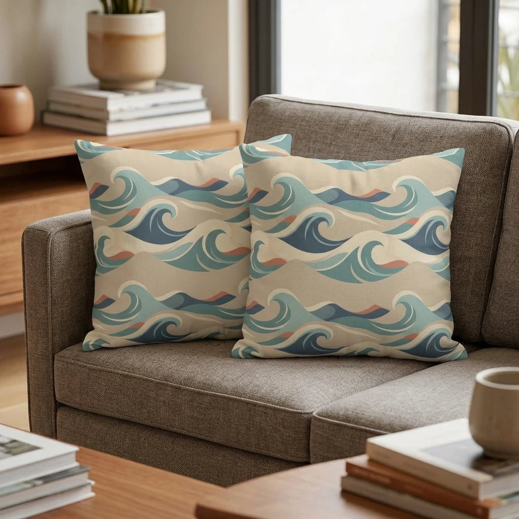 Two square decorative pillows with a nautical wave pattern in teal, blue, and sand colors on a contemporary gray living room sofa.