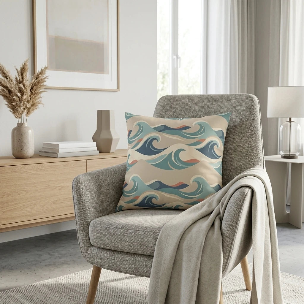Decorative throw pillow with a teal and navy wave pattern on a gray armchair in a modern minimalist living room with neutral home decor accents.