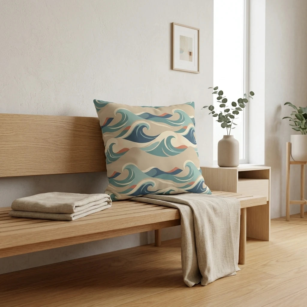 Throw pillow with a stylish blue and teal wave pattern on a wooden bench in a minimalist interior with neutral tones and natural decor.
