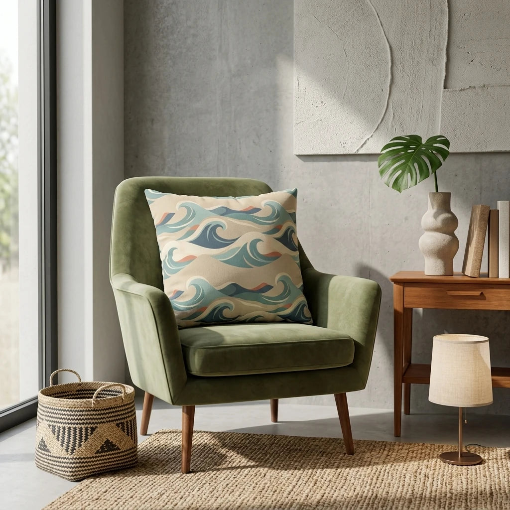 Teal and beige wave pattern pillow on a green velvet armchair in a minimalist living room with a neutral concrete wall.