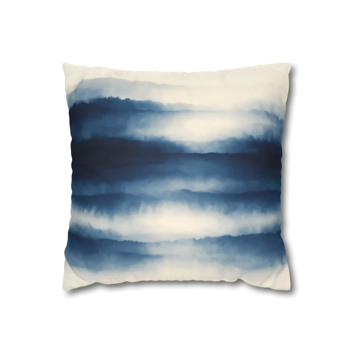 Front view of Misty Indigo Horizon Cushion Cover - Navy Watercolor Art on a white background.