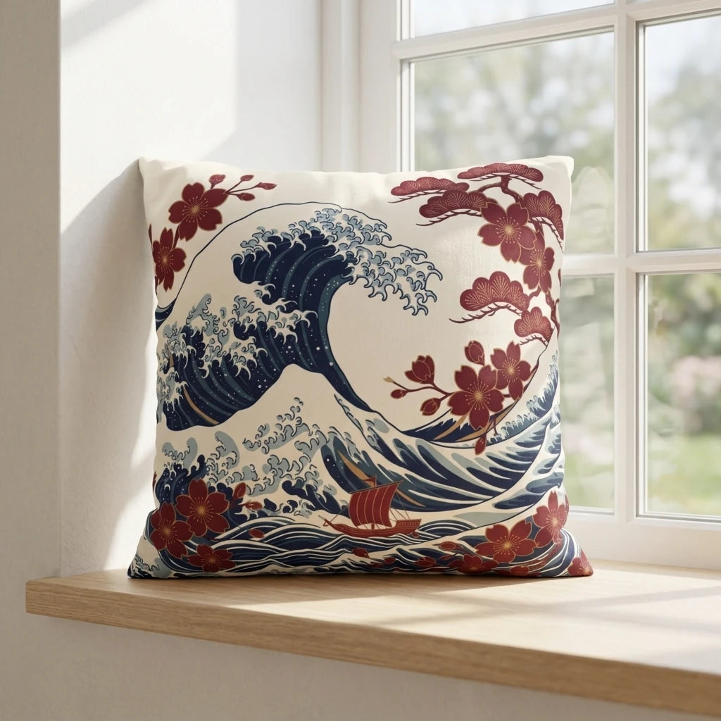 Cream throw pillow with a navy blue Japanese Great Wave and red floral design, resting on a sunlit wooden windowsill in a bright room.