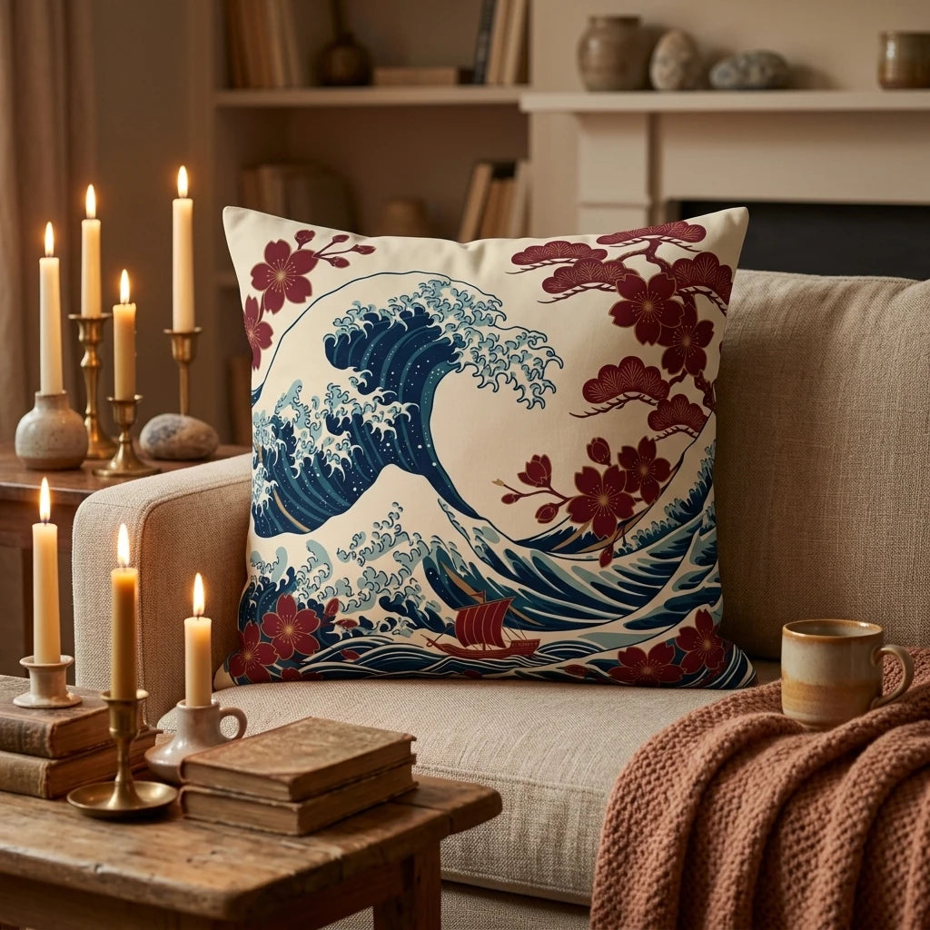Japanese Great Wave and cherry blossom throw pillow on a beige sofa in a cozy candlelit room with vintage books and a warm atmosphere.