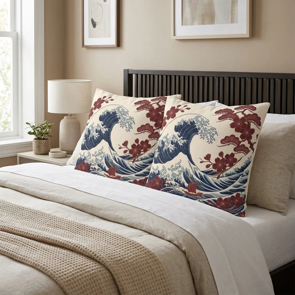 Two decorative cushions featuring a blue Japanese wave and red floral print on a bed with beige linens and a dark wood headboard.