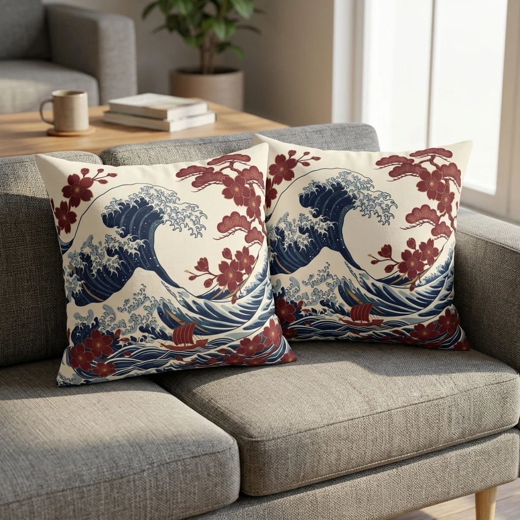 Two decorative cushions with a navy Japanese wave and red cherry blossom pattern on a gray sofa in a modern living room lifestyle setting.
