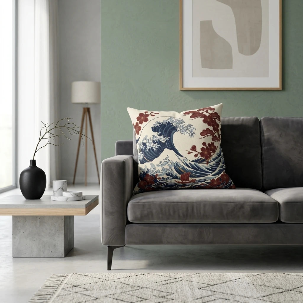 Japanese Great Wave cushion with red cherry blossoms on a grey sofa in a minimalist modern living room with sage green walls.