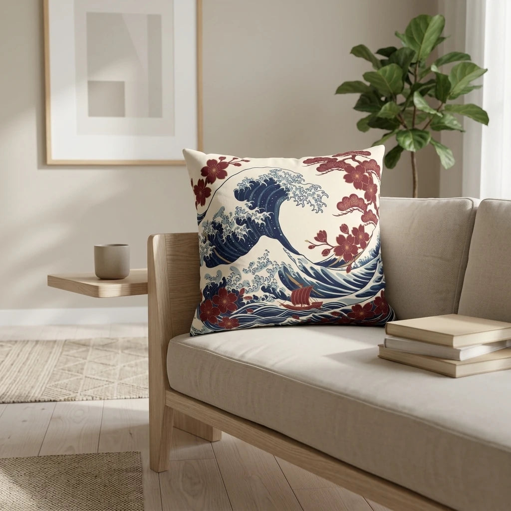 Great Wave and red cherry blossom cushion on a minimalist wooden sofa in a bright, modern living room with neutral decor.