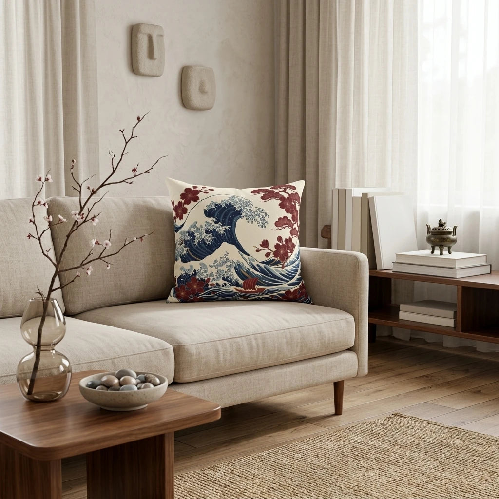 Lifestyle shot of a Great Wave design throw pillow with red floral accents on a neutral sofa in a modern, sunlit living room.