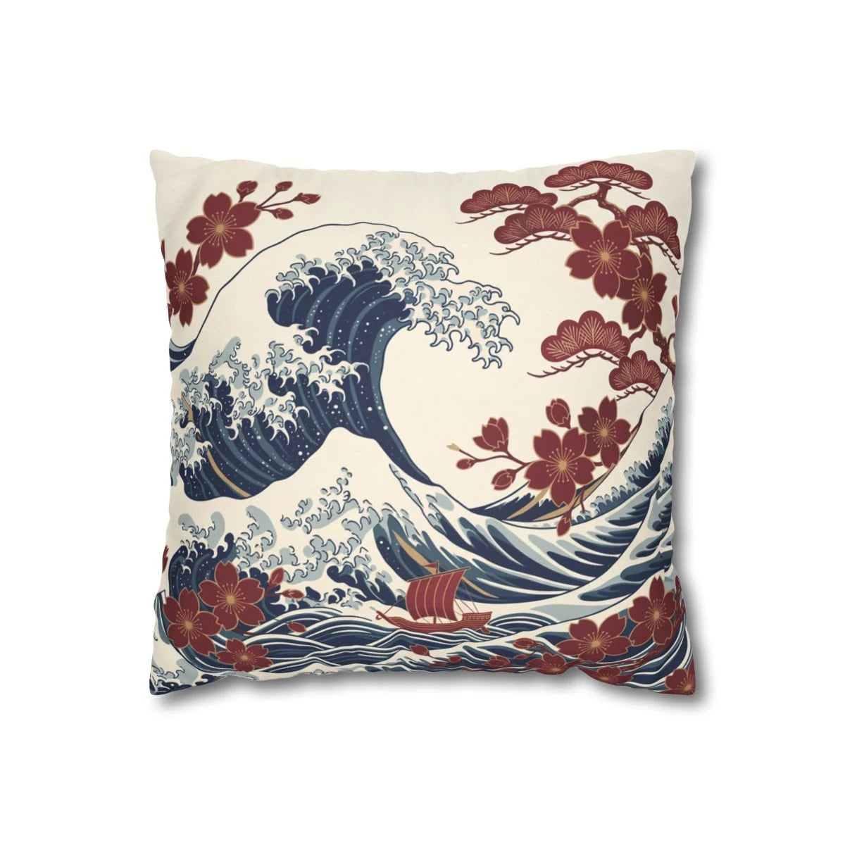 Great Wave & Cherry Blossom Throw Pillow with Insert
