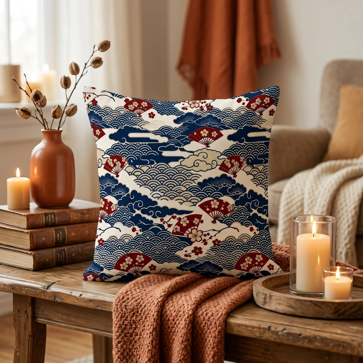 Japanese Indigo Pillow Cover, lifestyle view.