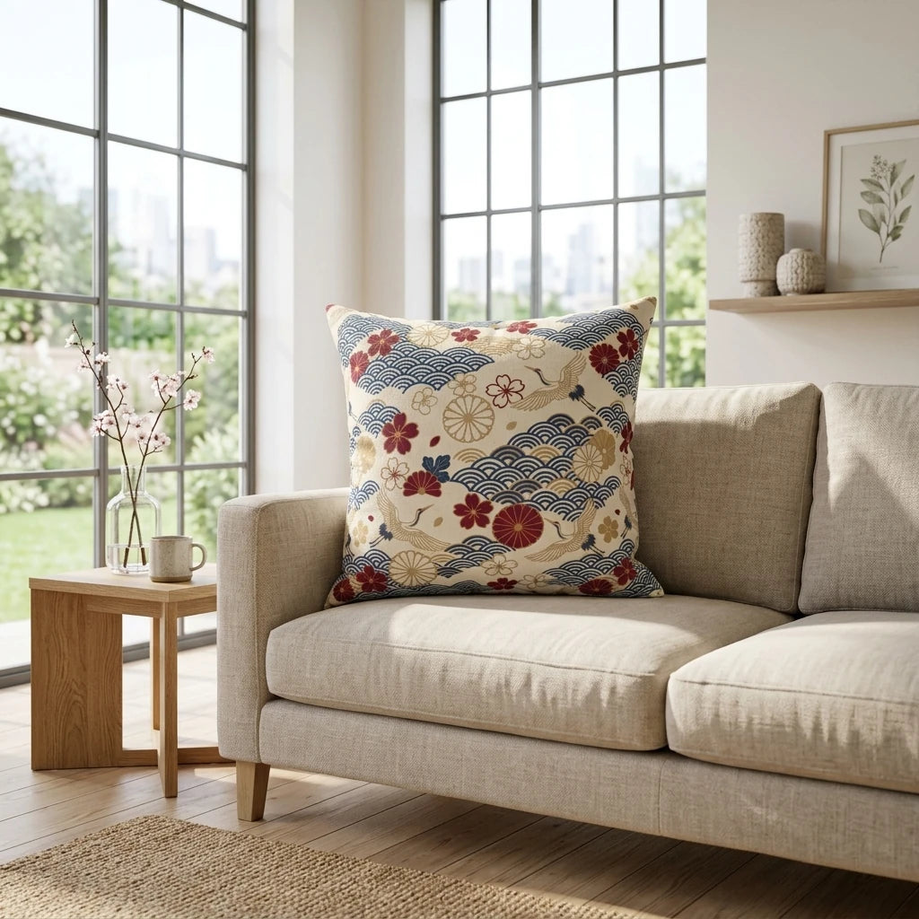 Japanese wave and crane patterned cushion displayed on a beige couch in a luminous, sunlit living room with garden views.