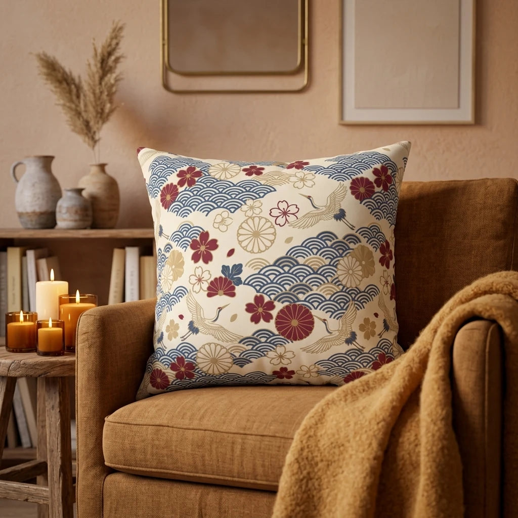 Decorative cushion with Japanese crane and wave patterns on a tan armchair in a cozy room setting with glowing candles.