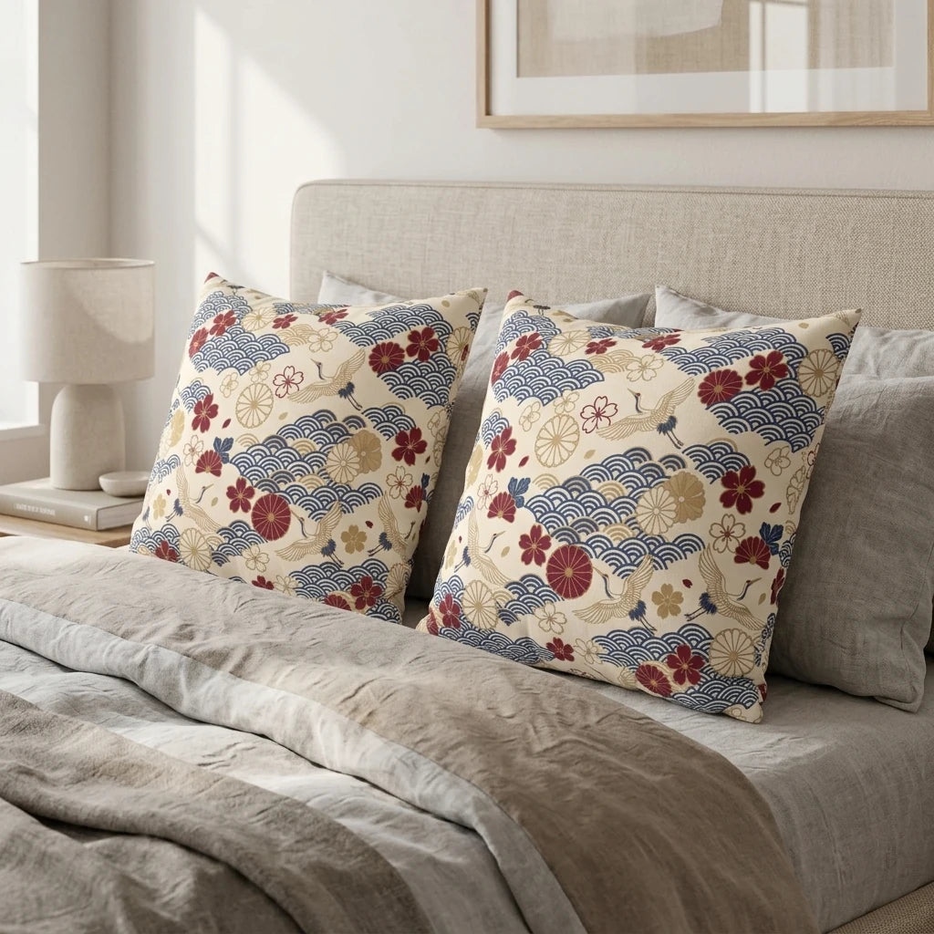 Two Japanese pattern pillows with cranes and waves on a minimalist bed. Navy, gold, and red floral designs on cream decorative cushions.